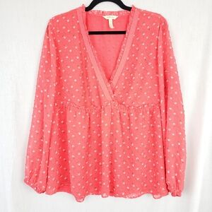 Matilda Jane Bright‎ Pink Orange Sheer V-Neck Blouse Womens' Size Large